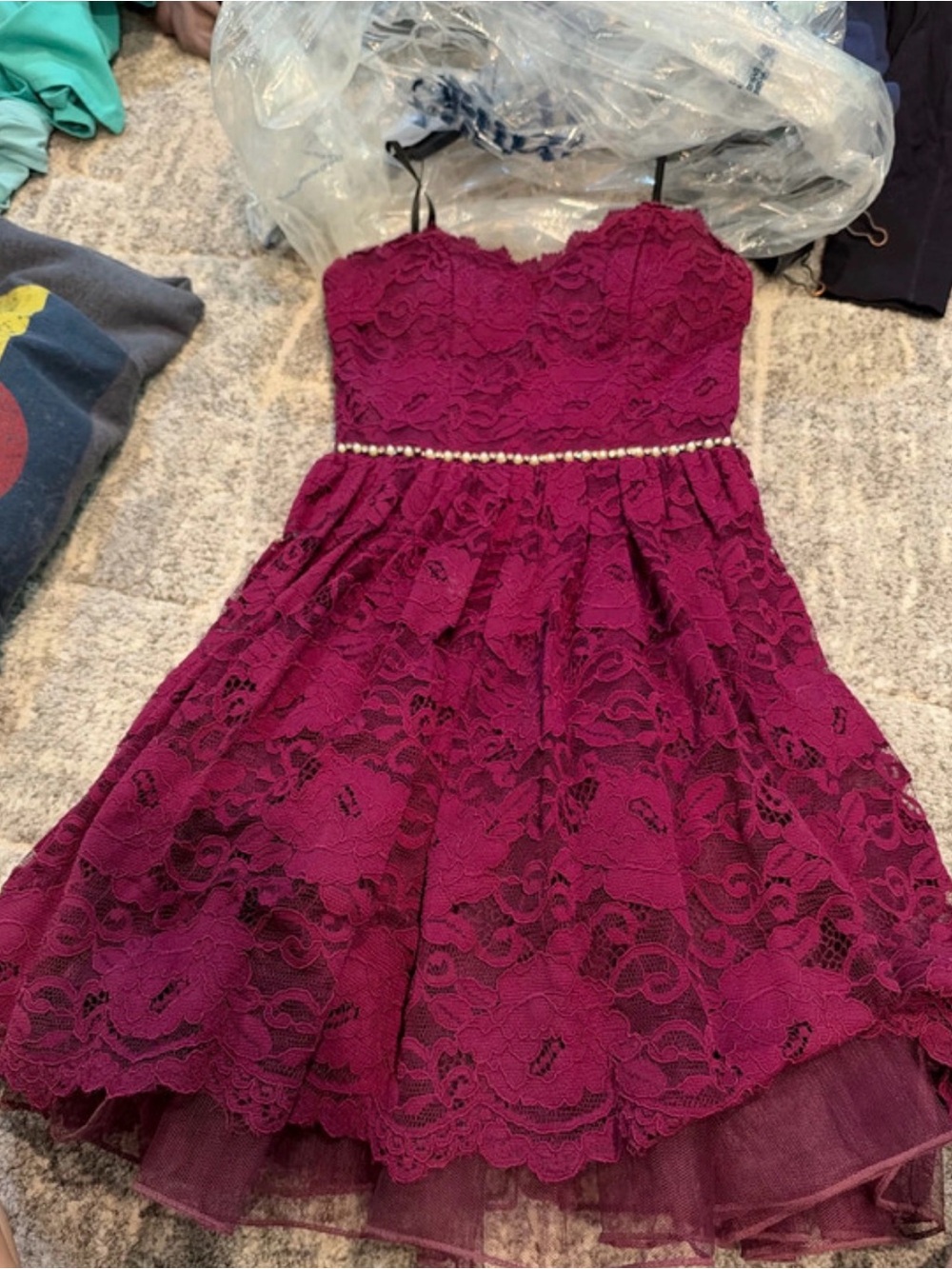Jodi Kristopher Burgundy Lace Party Dress with Pearl Waistband